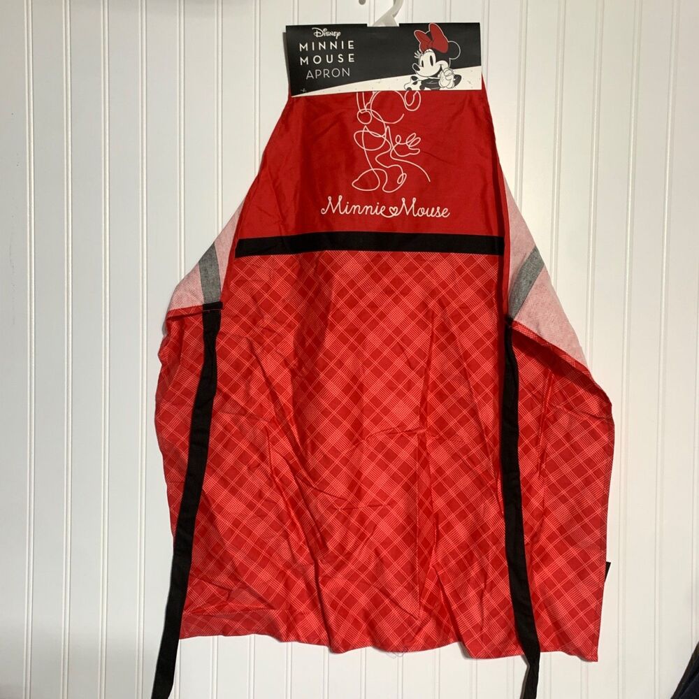 Cute Disney Adult Kitchen Apron Minnie Mouse Red & White Cotton w Black Ties NEW